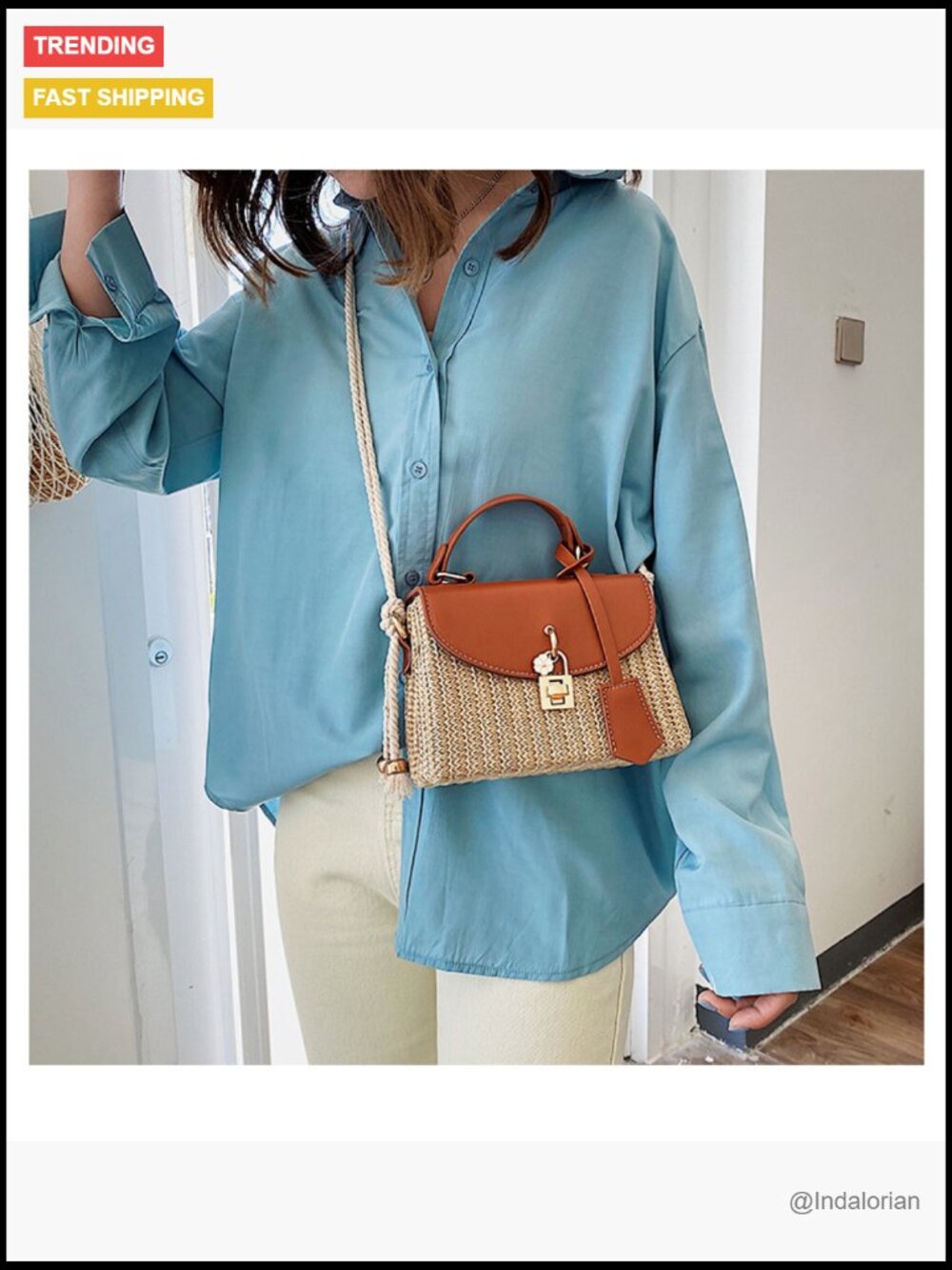 Faux Leather & Straw Patchwork Crossbody Beach Bag, Summer Woven Shoulder Bag - Picture 6 of 6